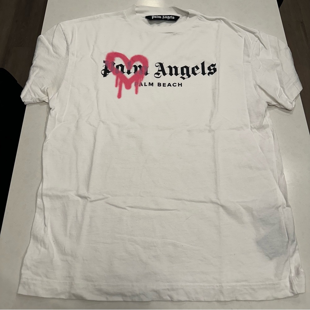 Palm Angels - Prayed Heart “Palm Beach” T Shirt - Large - White w/ Pink